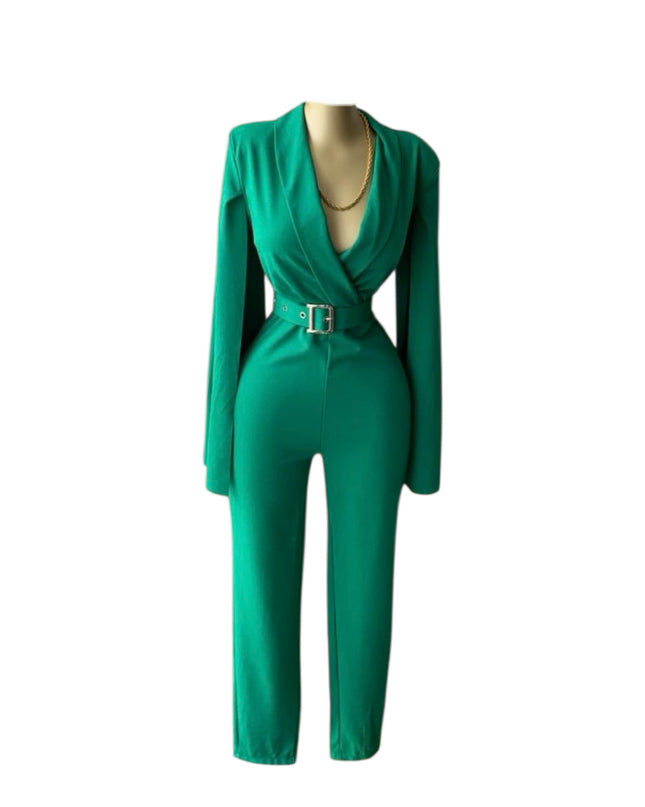 Elegant jumpsuit with cape and belt.