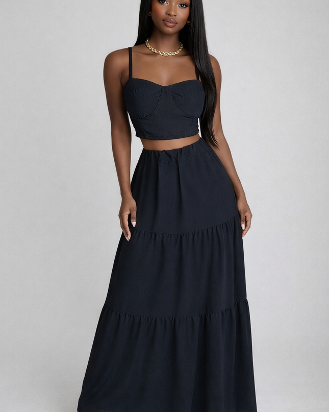 2-Piece Black Set - Top and Long Skirt