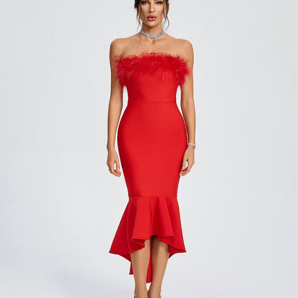 Red bandage dress with feathers.