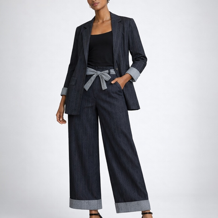 FATO Elegante 2 PEÇAS Blazer com Cinto + Calças Palazzo
