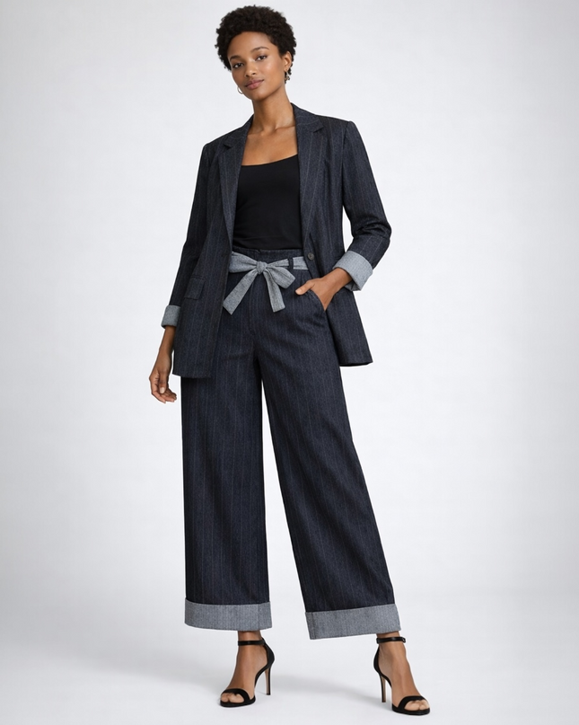 FATO Elegante 2 PEÇAS Blazer com Cinto + Calças Palazzo