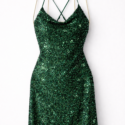 Short green sequined dress with a criss-cross back.