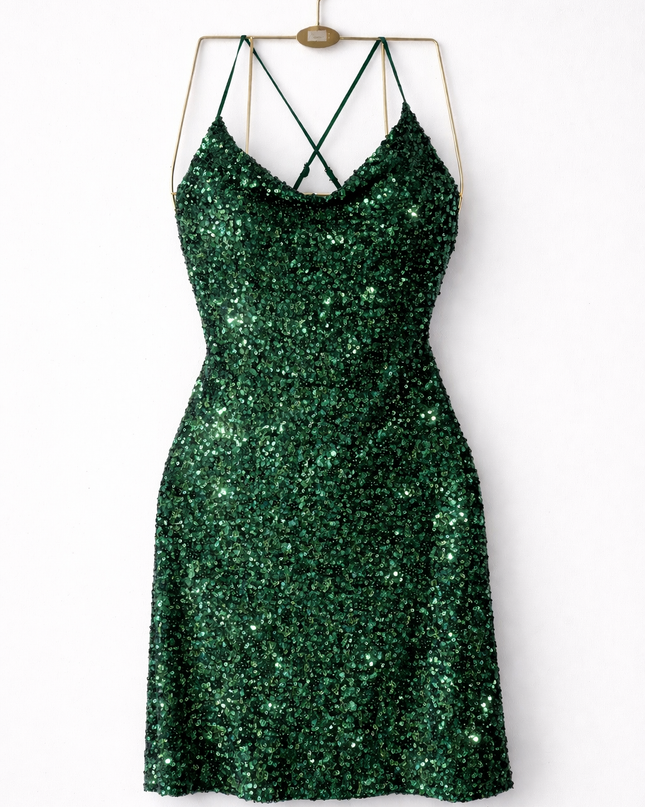 Short green sequined dress with a criss-cross back.