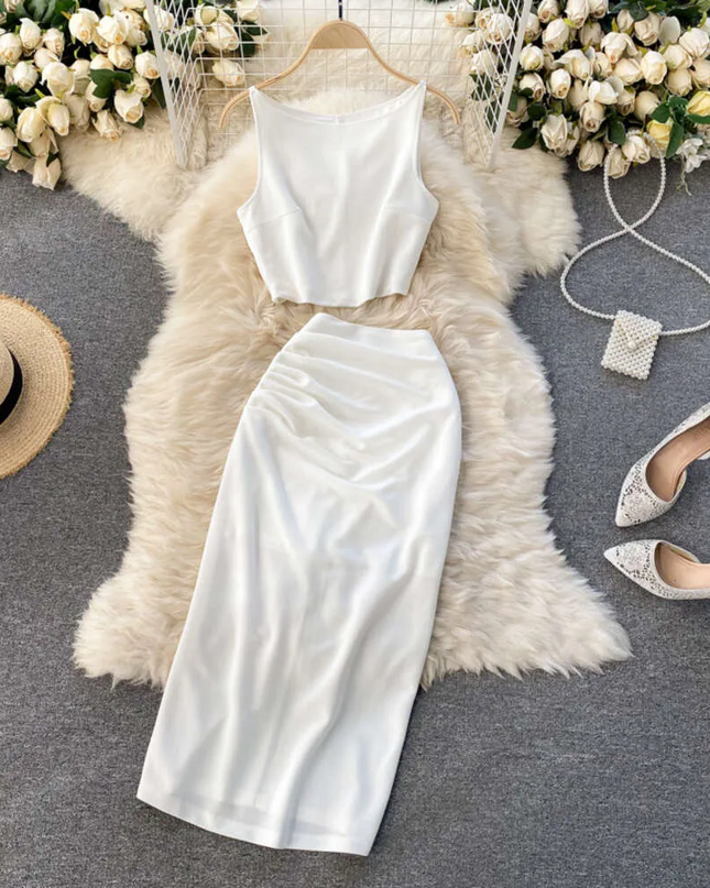 Conjunto de 2 Peças Saia Midi com Fenda - Branco