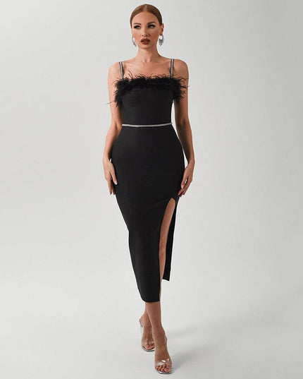 Vestido Midi Elegante Preto com Detalhes em Penas