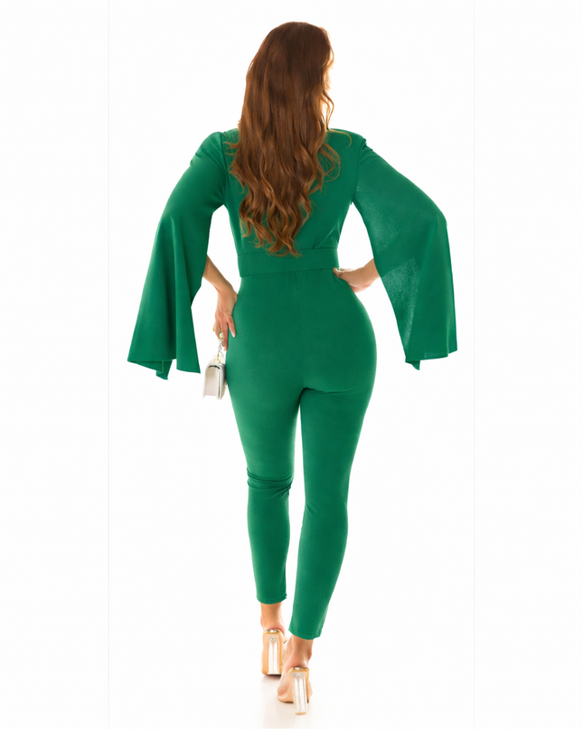 Elegant jumpsuit with cape and belt.