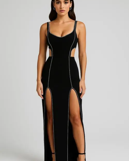 Vestido longo preto com fenda