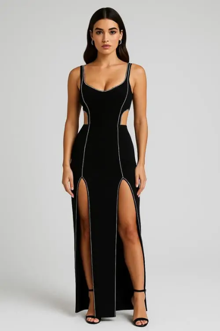Vestido longo preto com fenda