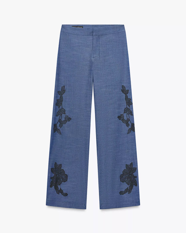 𝐙𝐀𝐑𝐀 -  Conjunto Kimono + Calças Largas Azul Floral - Cintura Subida