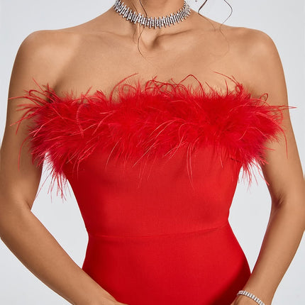 Red bandage dress with feathers.