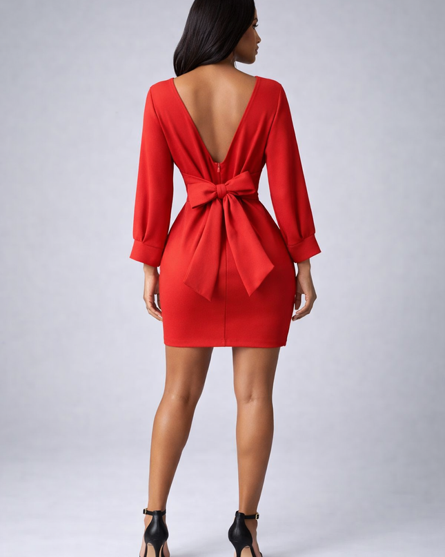 Elegant Red Dress with Long Sleeves, One Size