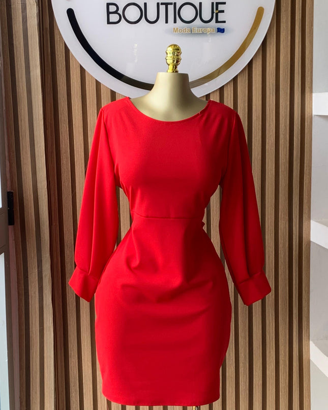 Elegant Red Dress with Long Sleeves, One Size