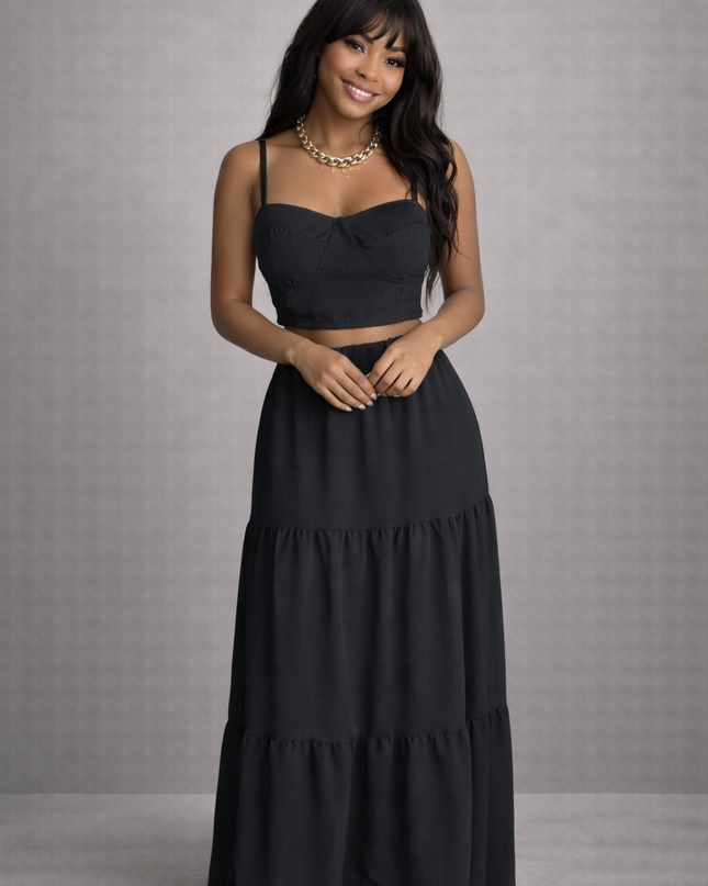 2-Piece Black Set - Top and Long Skirt