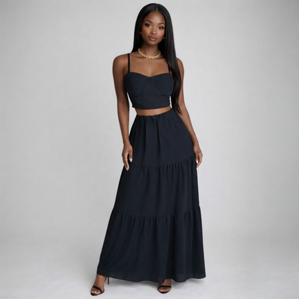 Conjunto 2 Peças Preto - Top e Saia Longa