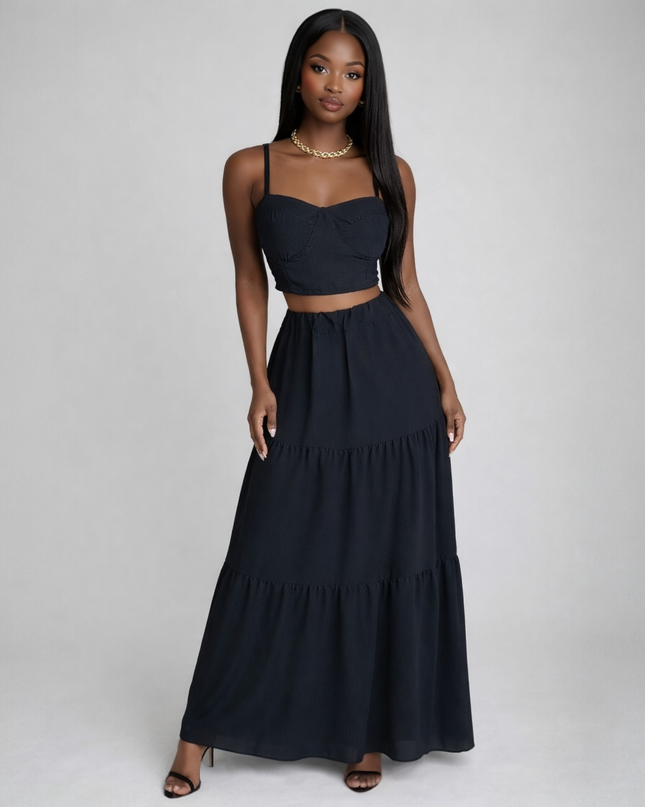 2-Piece Black Set - Top and Long Skirt