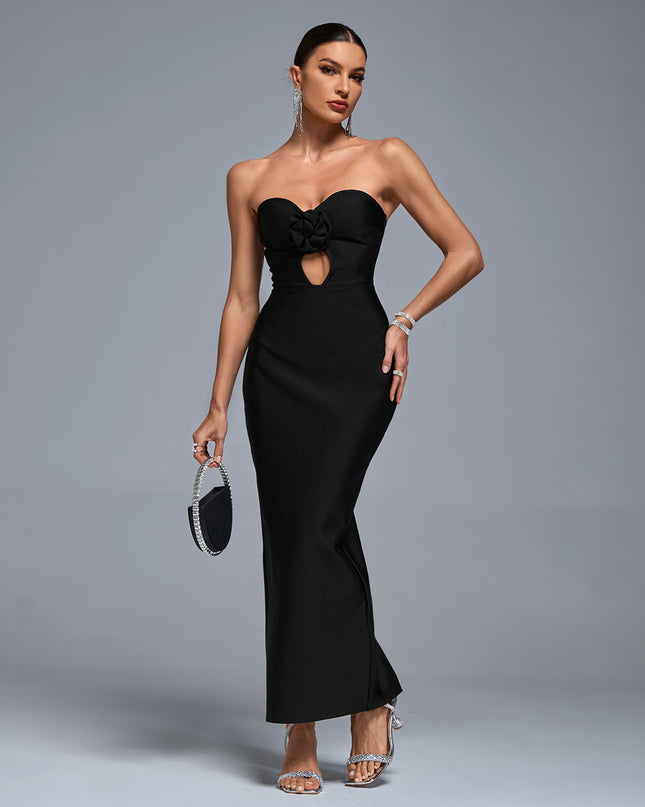 Vestido longo sem alças com recortes