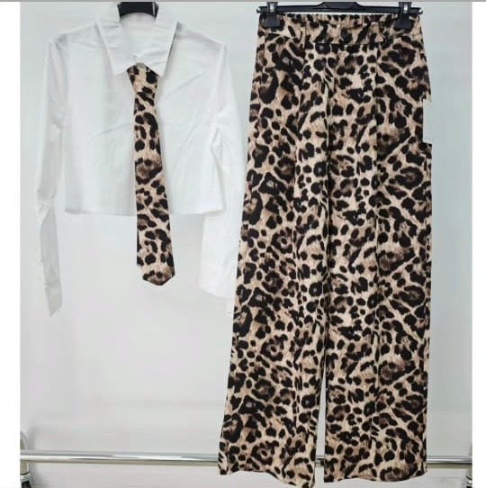 White shirt and leopard print pants set.