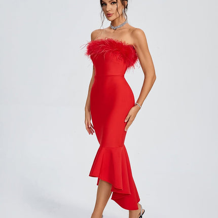 Red bandage dress with feathers.