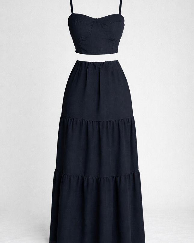 2-Piece Black Set - Top and Long Skirt