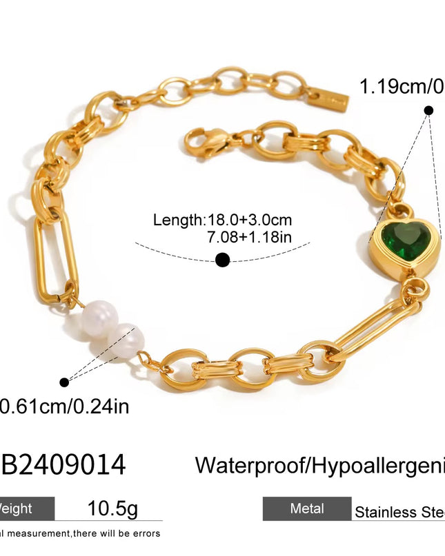 Stainless steel necklace with green hearts.