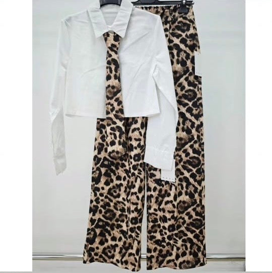 White shirt and leopard print pants set.