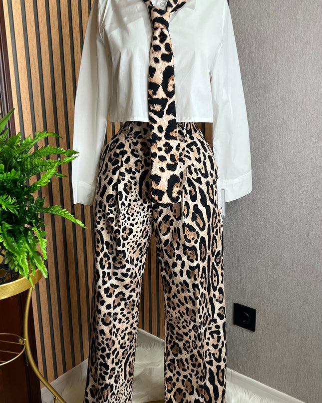 White shirt and leopard print pants set.