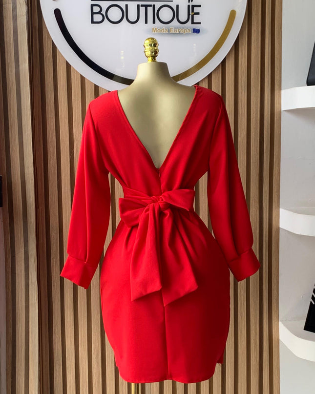 Elegant Red Dress with Long Sleeves, One Size