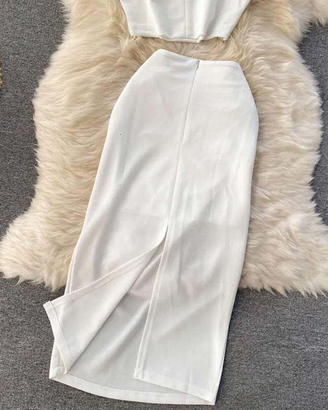 Conjunto de 2 Peças Saia Midi com Fenda - Branco
