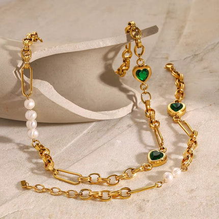Conjunto Joalharia Inoxidável Dourado - Corações Verdes Cristal + Pérolas