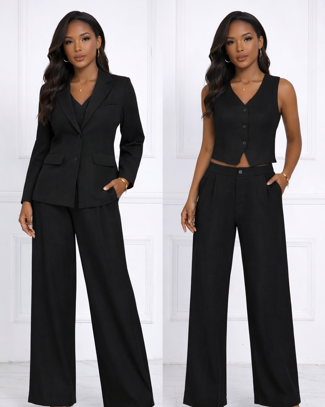 3-Piece Black Set - Blazer, Vest, and Pants