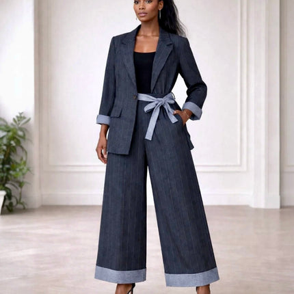 FATO Elegante 2 PEÇAS Blazer com Cinto + Calças Palazzo