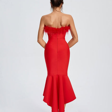 Red bandage dress with feathers.