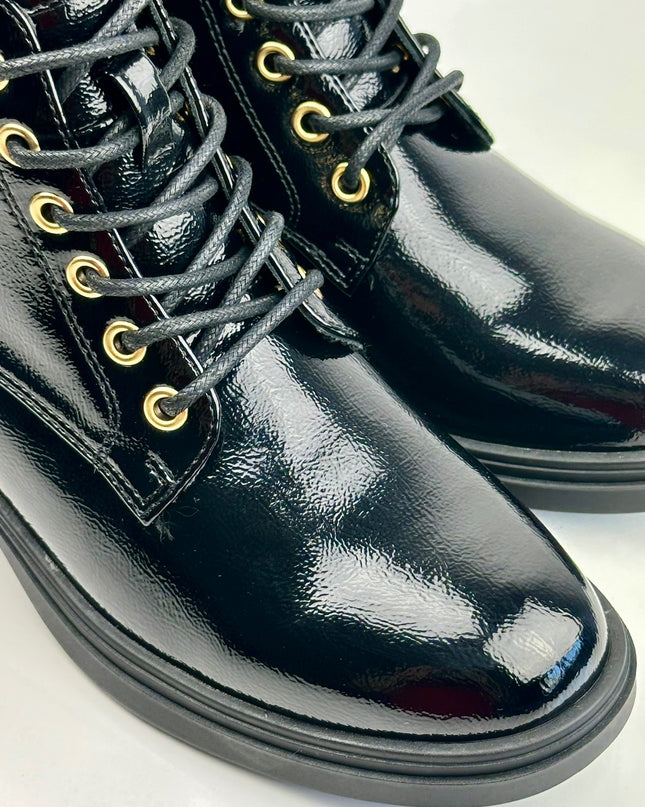 Patent leather military boot with appliqué - Black