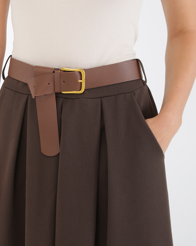 Saia midi com cinto e bolsos