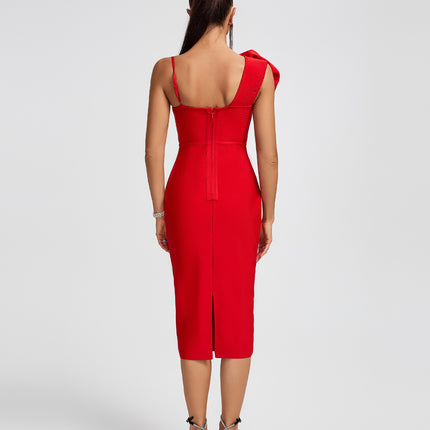 Vestido midi vermelho com estampa Floral 3D