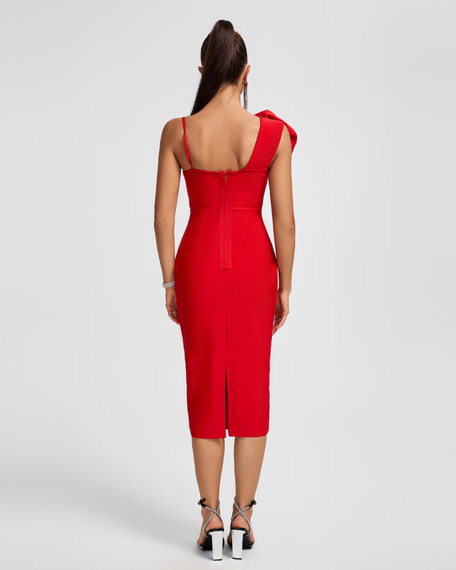 Vestido midi vermelho com estampa Floral 3D
