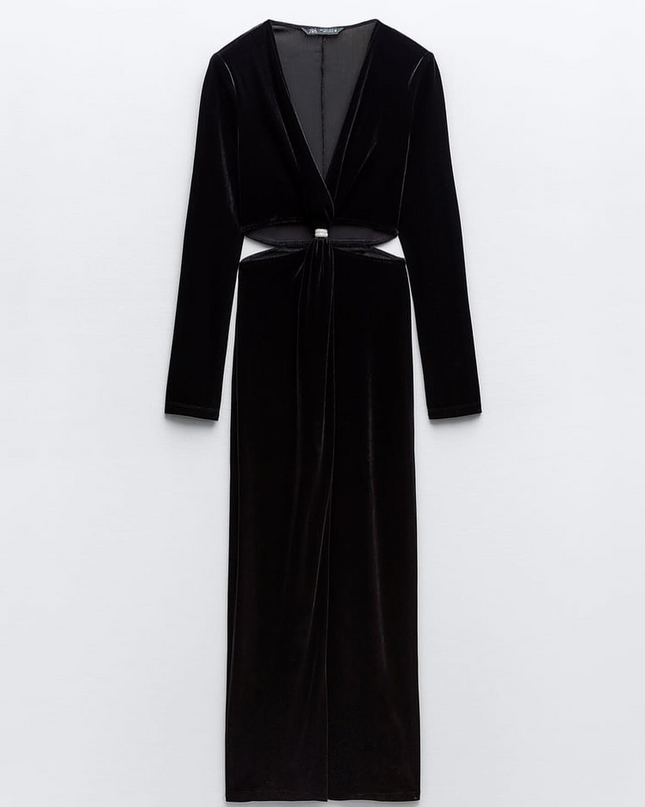 𝐙𝐀𝐑𝐀 - Vestido midi de veludo com detalhe vazado