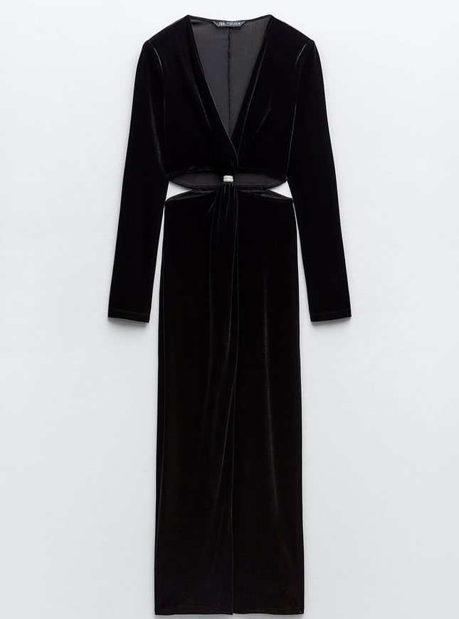 𝐙𝐀𝐑𝐀 - Vestido midi de veludo com detalhe vazado