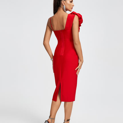 Vestido midi vermelho com estampa Floral 3D