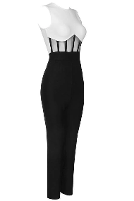 Two-tone black and white jumpsuit with sheer details.