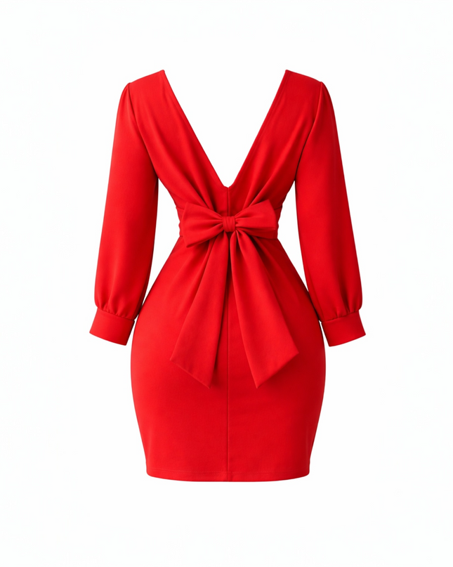 Elegant Red Dress with Long Sleeves, One Size