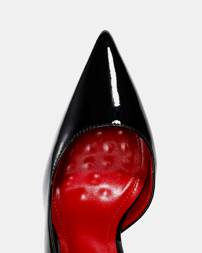 Black patent leather high-heeled shoe with a red sole.