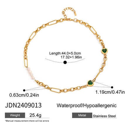 Conjunto Joalharia Inoxidável Dourado - Corações Verdes Cristal + Pérolas