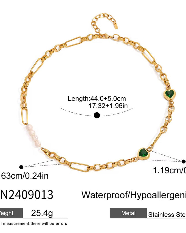 Stainless steel necklace with green hearts.