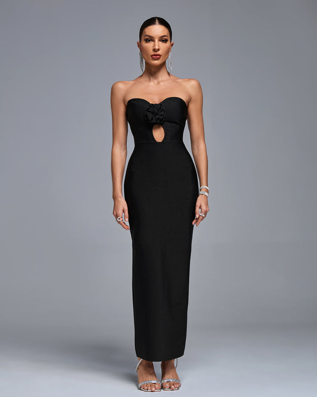 Vestido longo sem alças com recortes