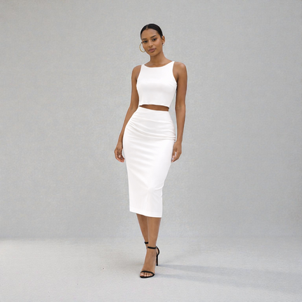 Conjunto de 2 Peças Saia Midi com Fenda - Branco