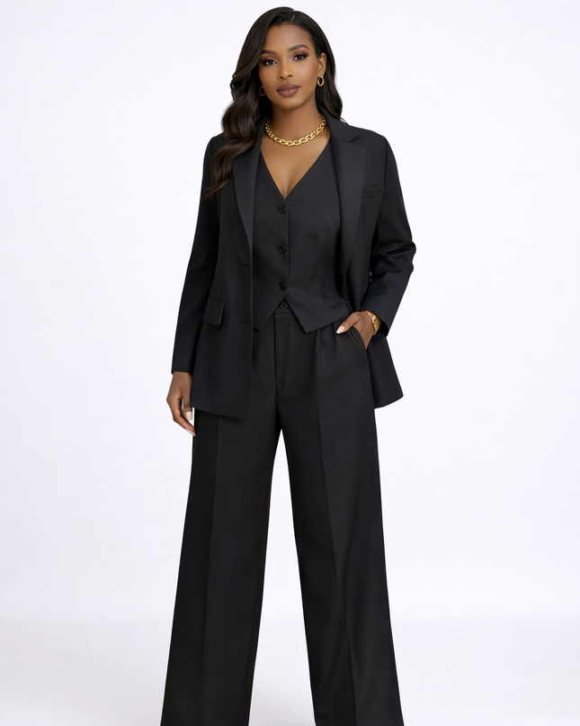 3-Piece Black Set - Blazer, Vest, and Pants