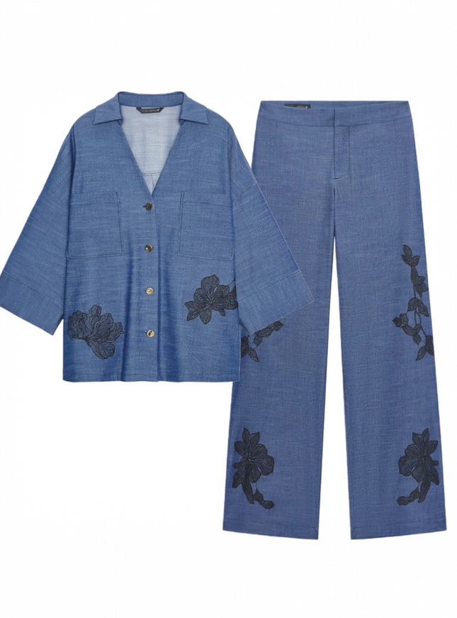 ZARA - Zara set consisting of a kimono shirt and loose-fitting pants with floral details.