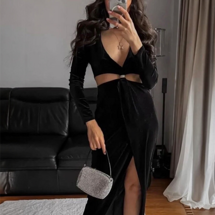 𝐙𝐀𝐑𝐀 - Vestido midi de veludo com detalhe vazado