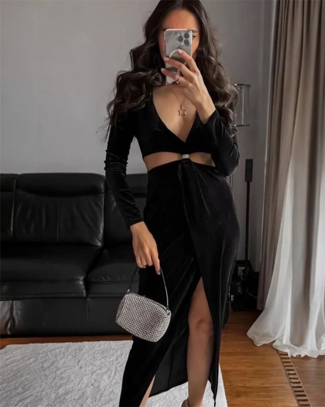 𝐙𝐀𝐑𝐀 - Vestido midi de veludo com detalhe vazado